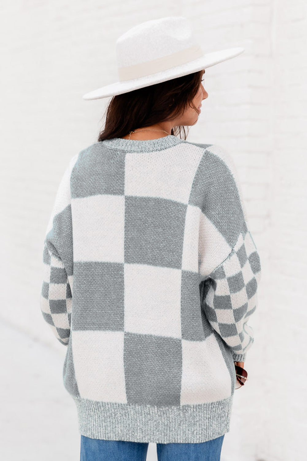 Black Plaid Knitted Drop Shoulder Sweater