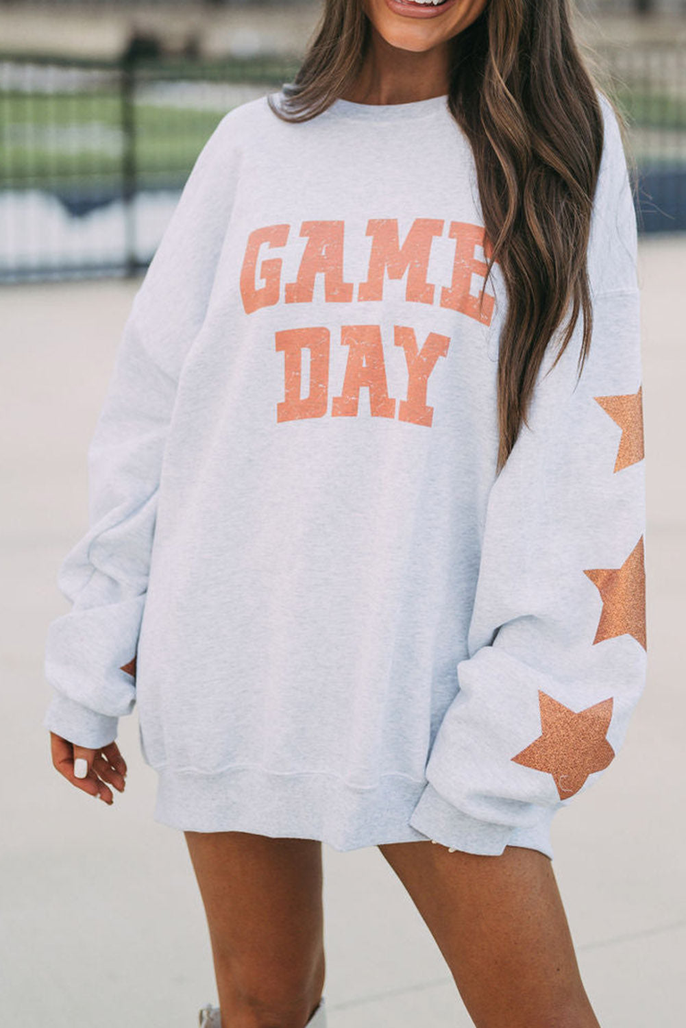 Black Lettering Game Day Print Star Sleeve Sweatshirt