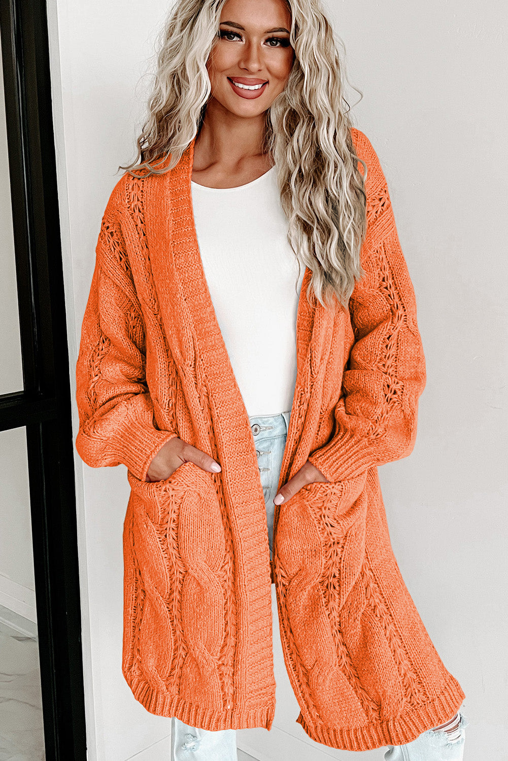 Khaki Ribbed Trim Hollow Knit Side Slits Cardigan