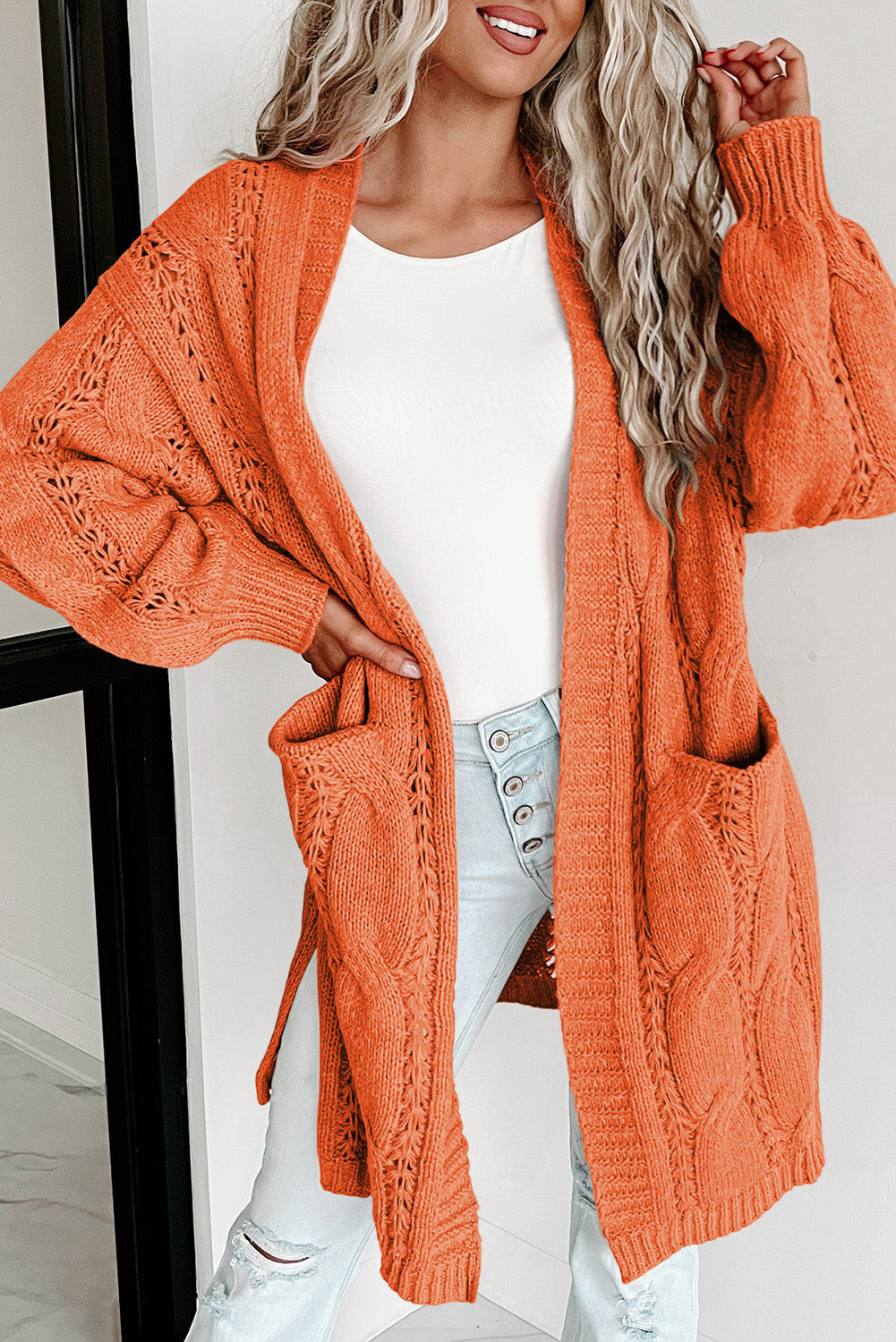 Khaki Ribbed Trim Hollow Knit Side Slits Cardigan