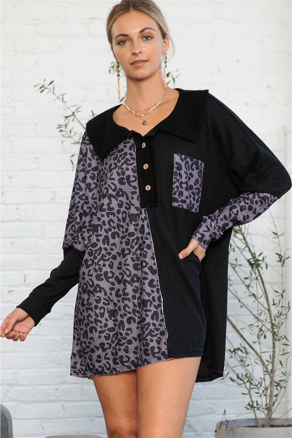 Black Waffle Knit and Leopard Print Color Block Oversized Henley Shirt