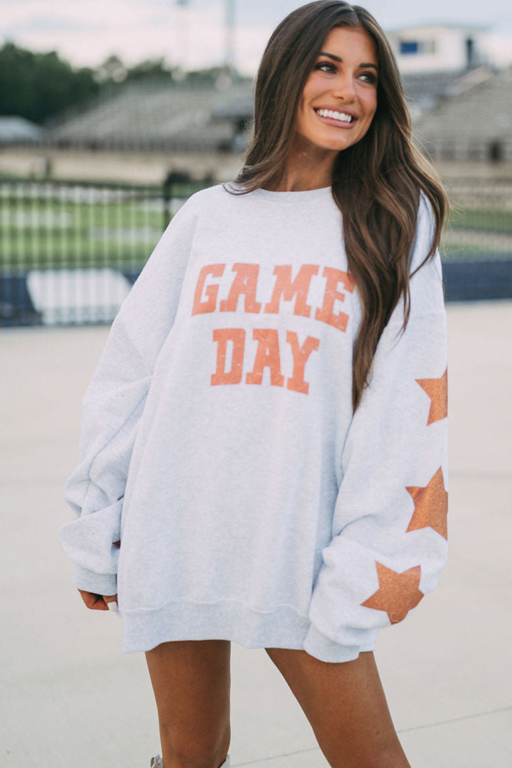 Black Lettering Game Day Print Star Sleeve Sweatshirt