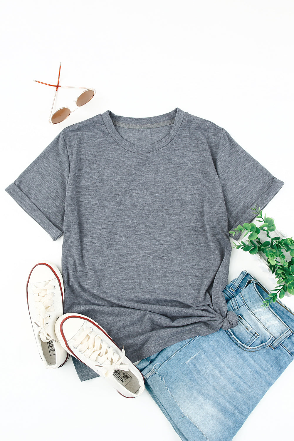 Khaki Solid Color Crew Neck Tee