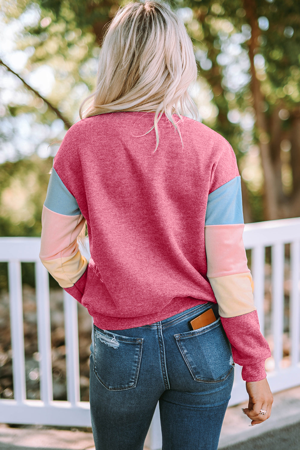 Dark Blue Color Block Casual Drop Sleeve Sweatshirt