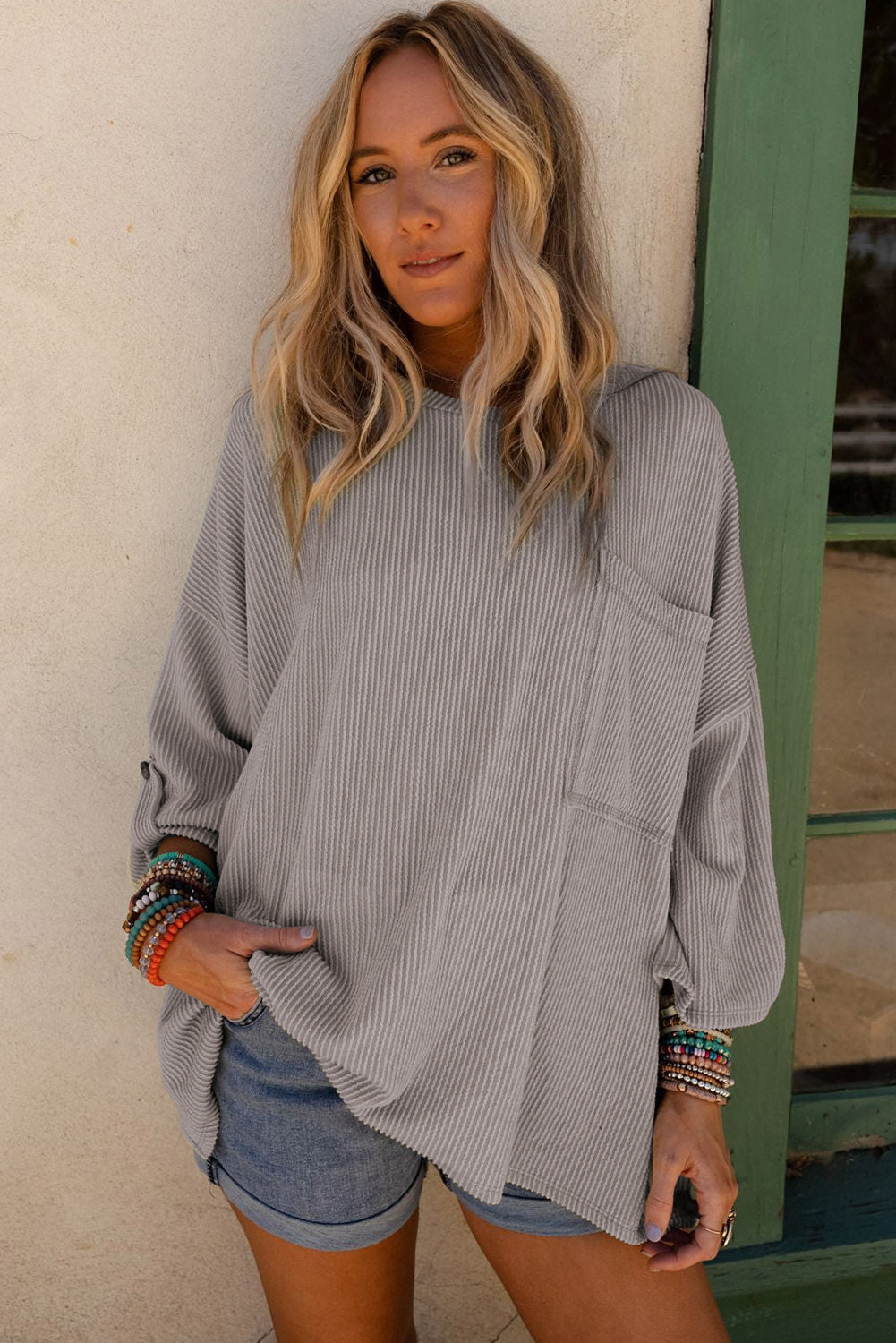 Gray Ribbed Roll-tab Sleeve Chest Pocket Oversize Top