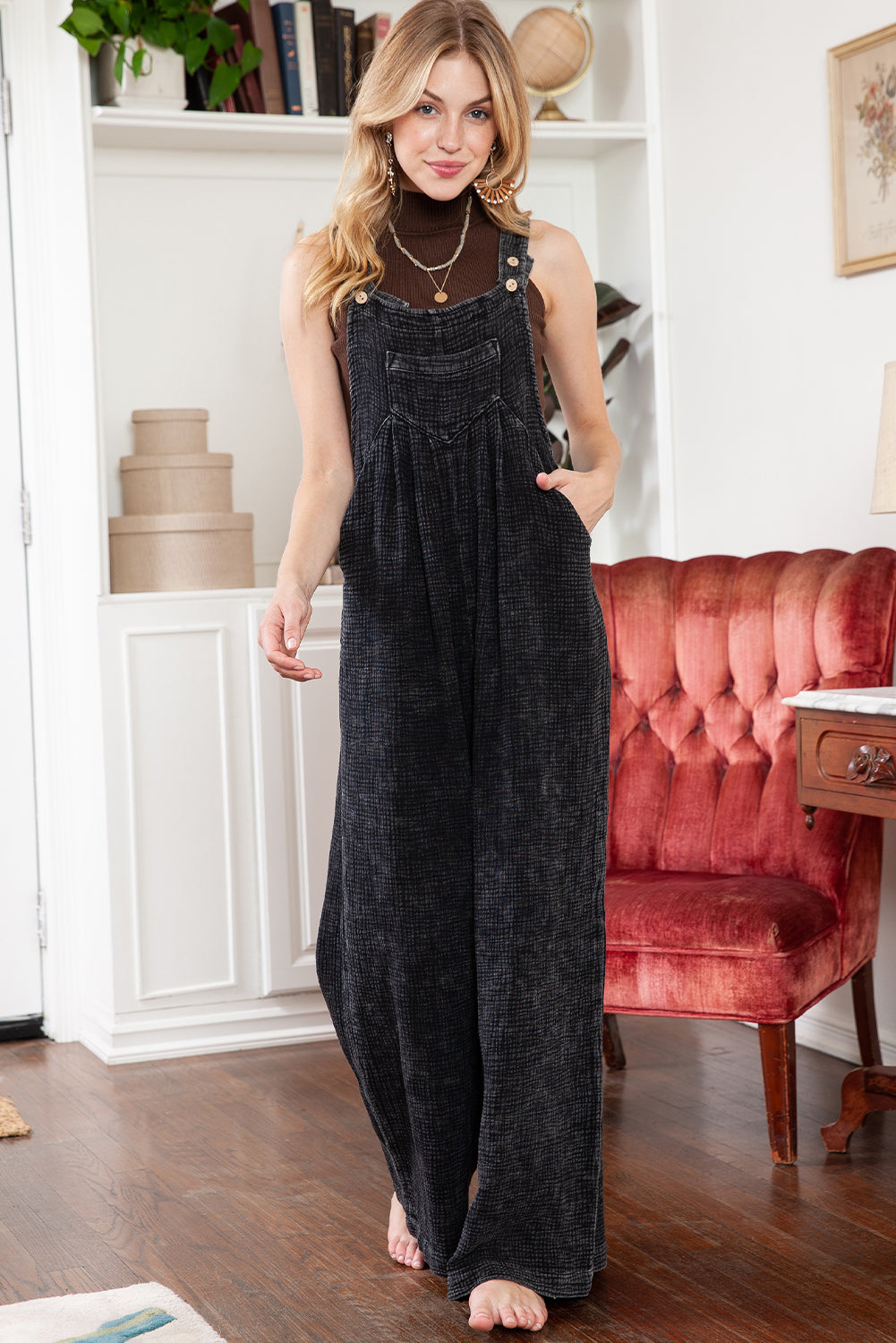 Black Crinkle Loose Fit Wide Leg Jumpsuit