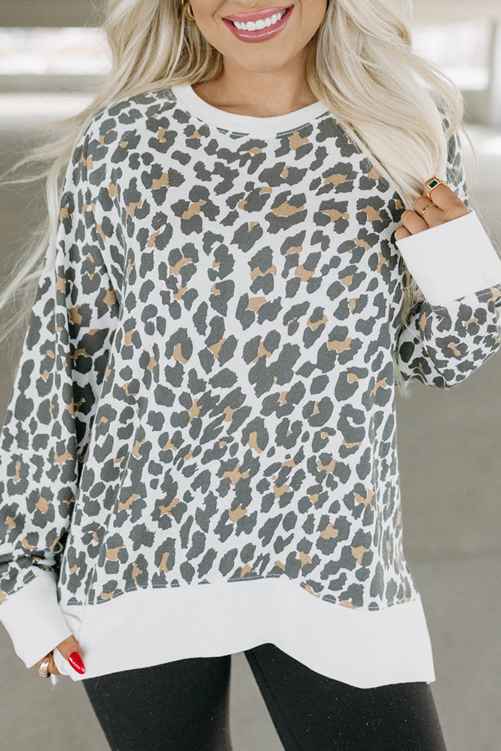 White Leopard Contrast Trim Long Sleeve Top