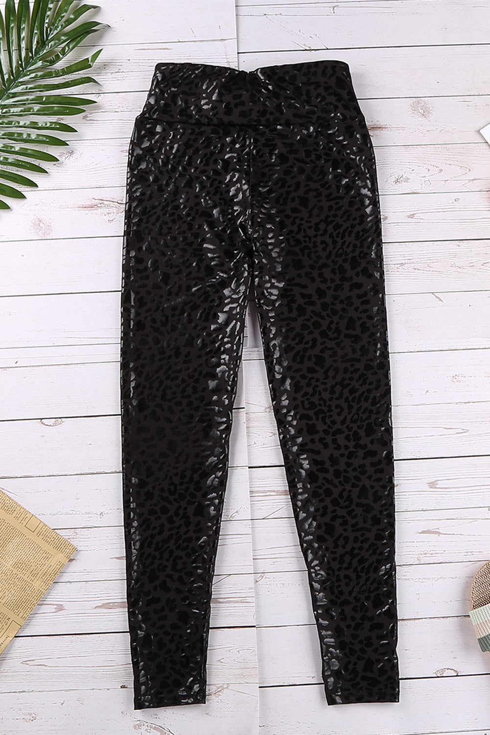 Black Shiny Leopard Casual Textured Leggings