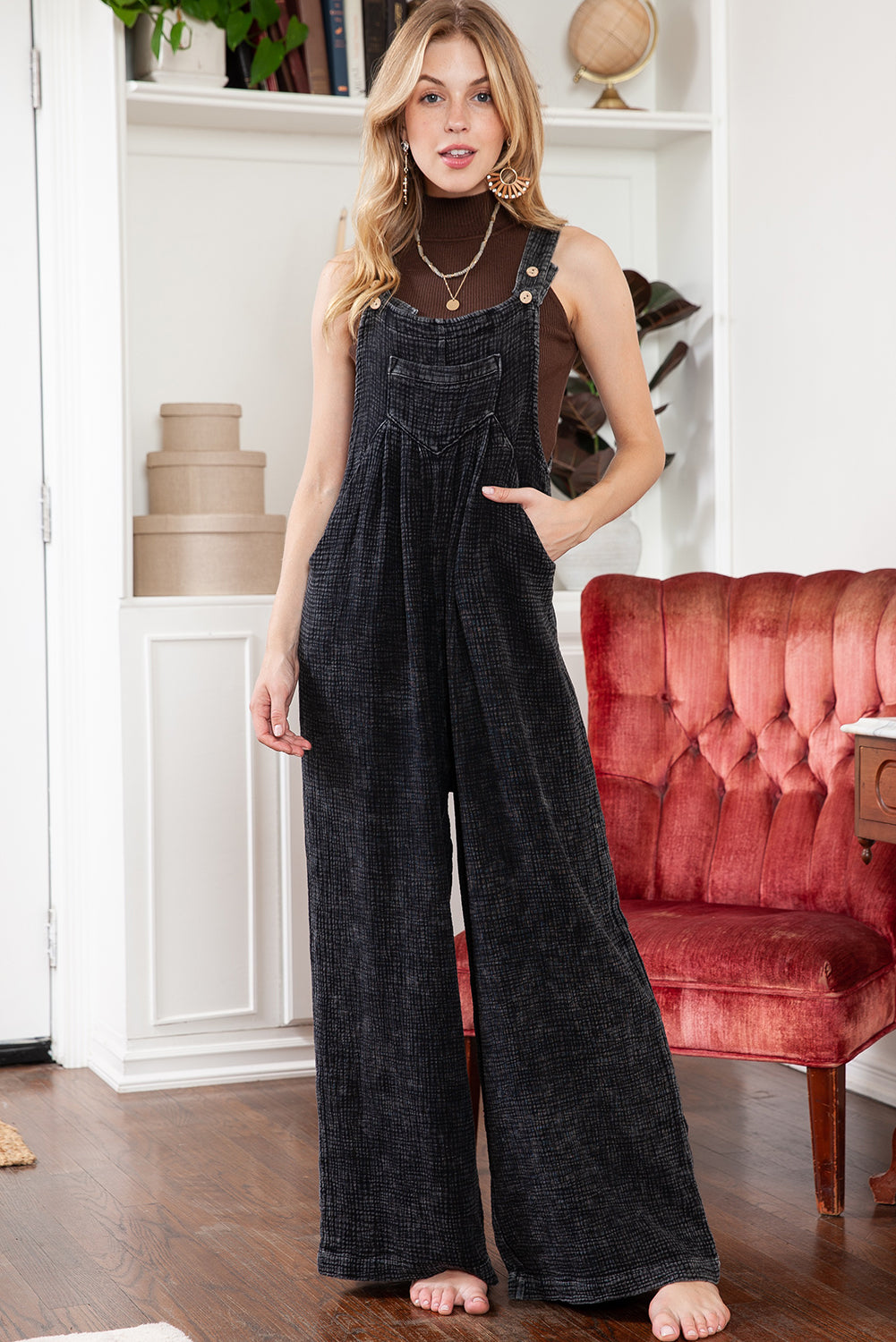 Black Crinkle Loose Fit Wide Leg Jumpsuit