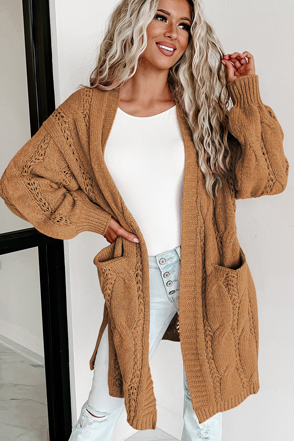 Khaki Ribbed Trim Hollow Knit Side Slits Cardigan