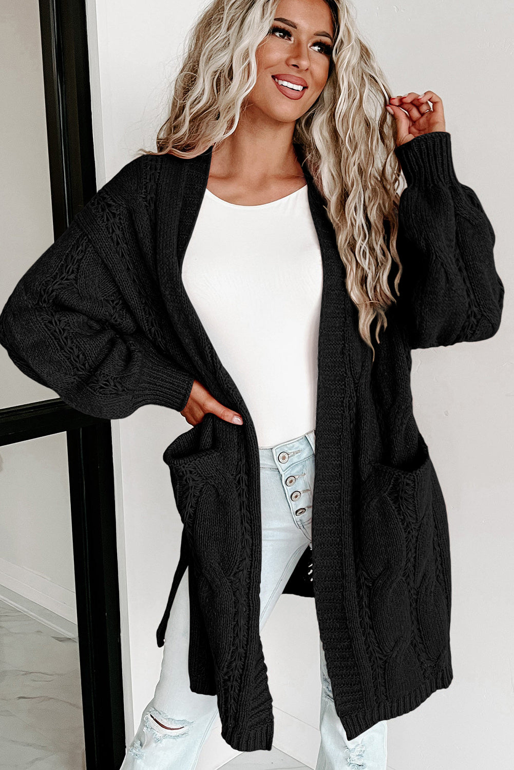 Khaki Ribbed Trim Hollow Knit Side Slits Cardigan