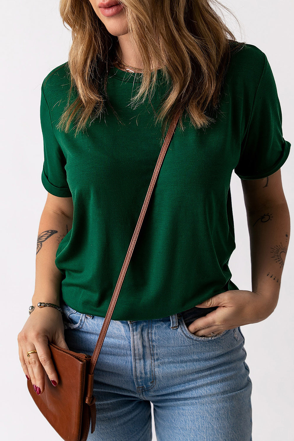 Khaki Solid Color Crew Neck Tee