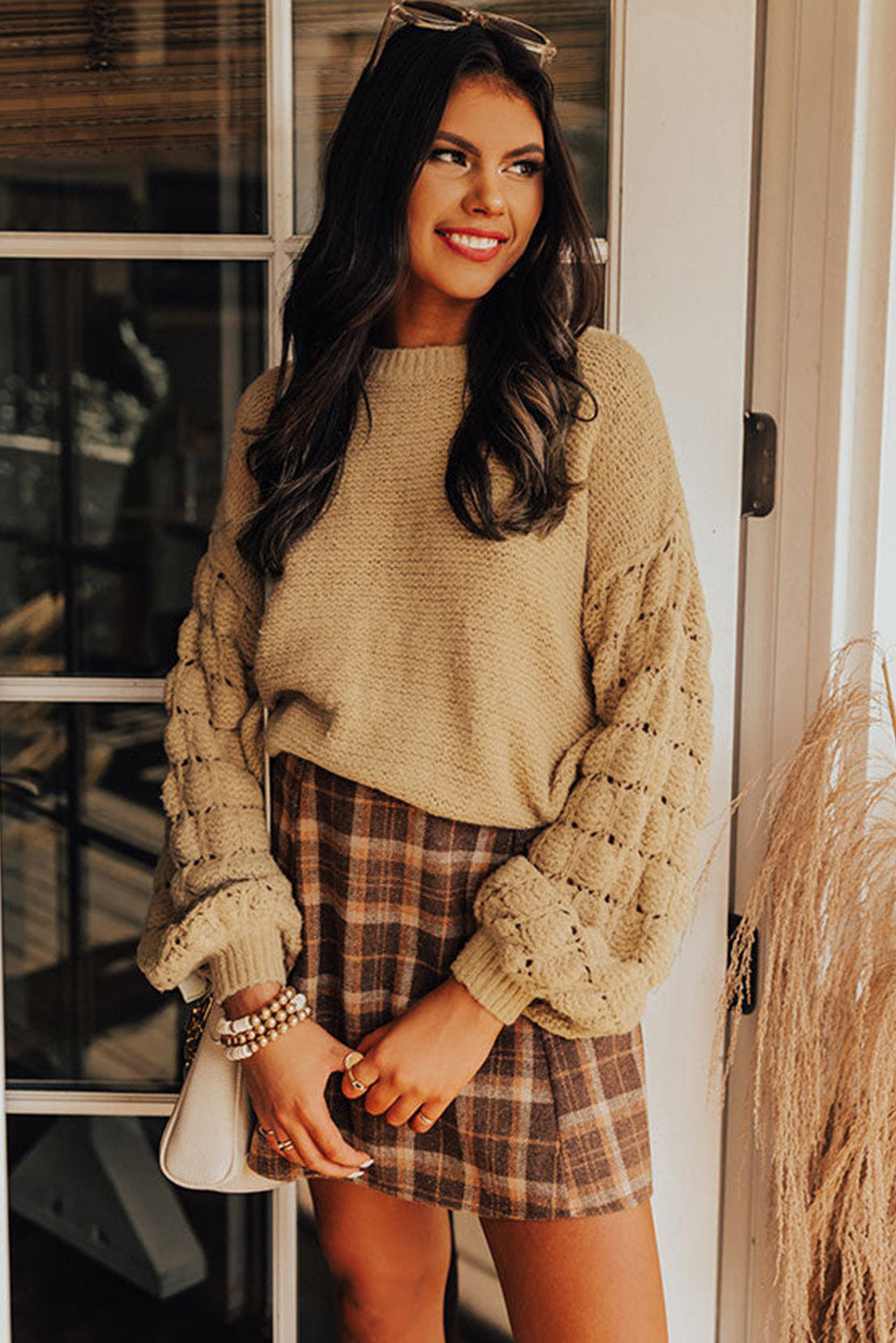 Khaki Casual Hollowed Long Sleeve Knit Sweater