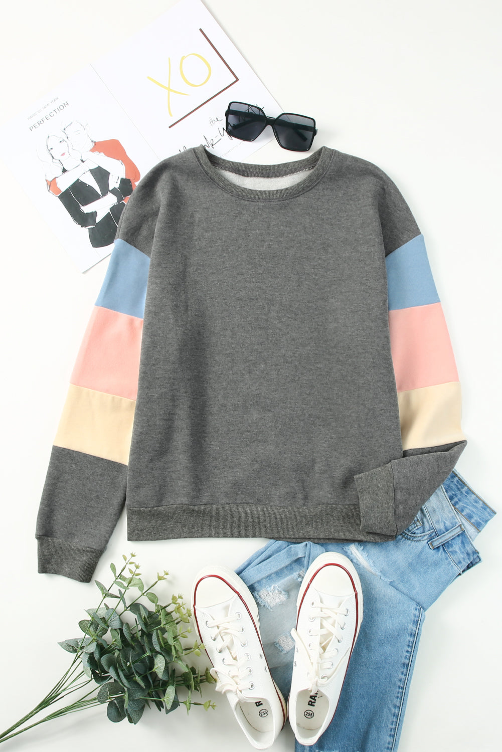 Dark Blue Color Block Casual Drop Sleeve Sweatshirt