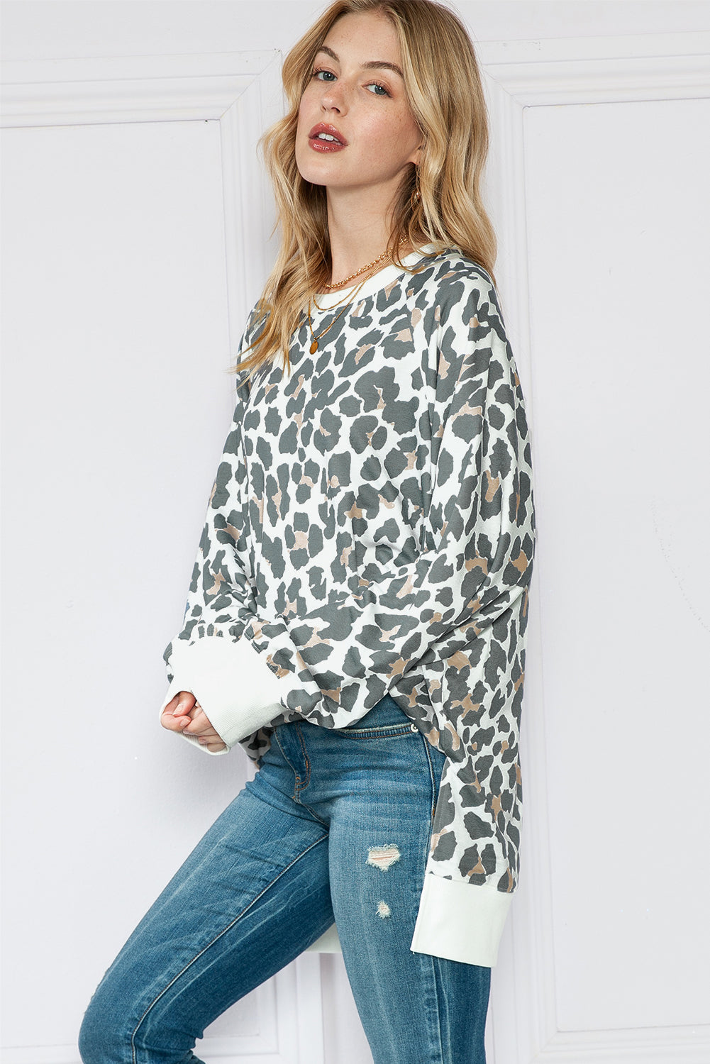 White Leopard Contrast Trim Long Sleeve Top