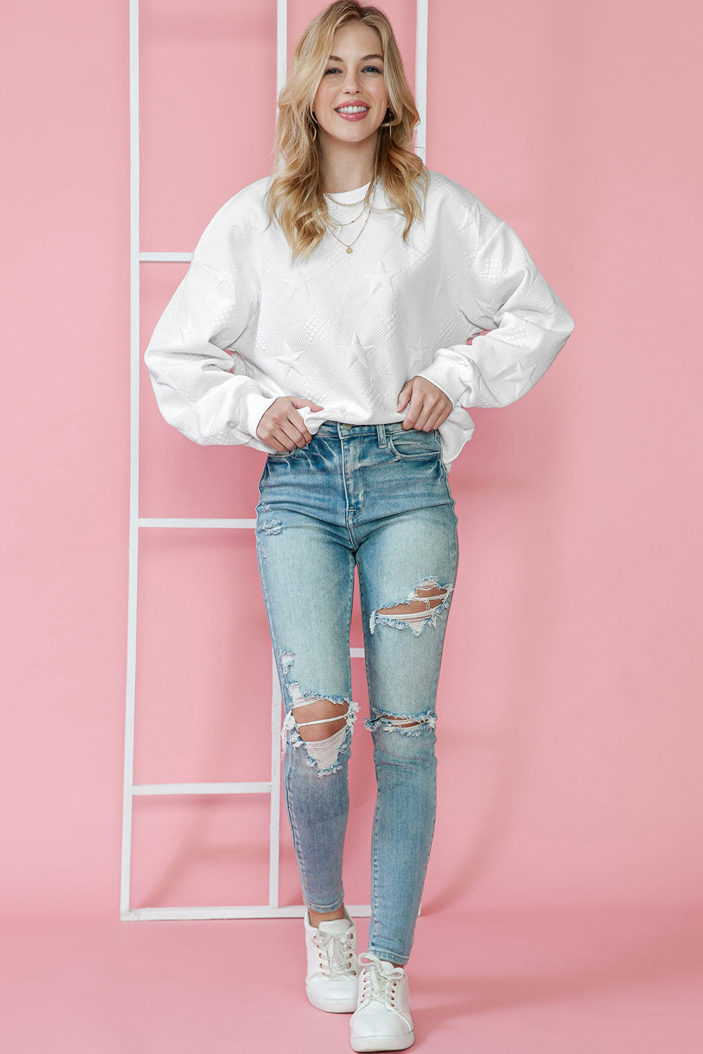 Peach Blossom Star Embossed Textured Drop Shoulder Sweatshirt