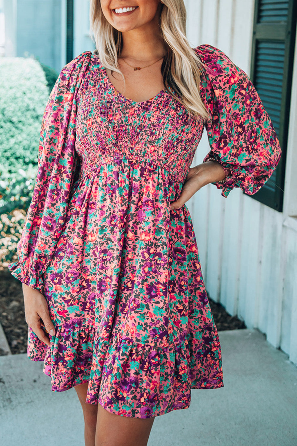 Floral Print Long Sleeve Flounce Hem V Neck Smocked Dress