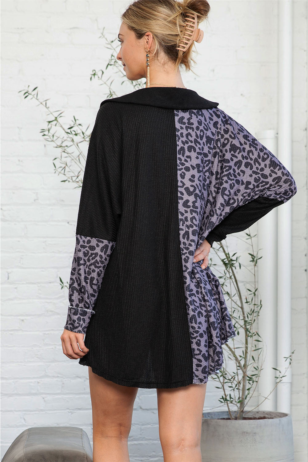 Black Waffle Knit and Leopard Print Color Block Oversized Henley Shirt