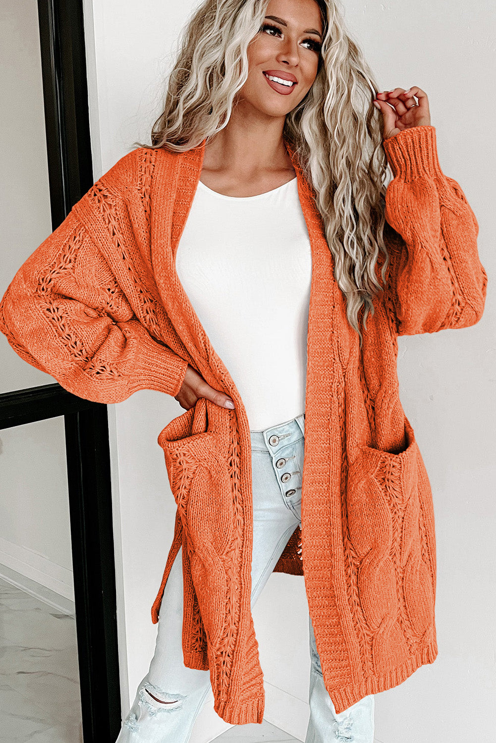 Khaki Ribbed Trim Hollow Knit Side Slits Cardigan