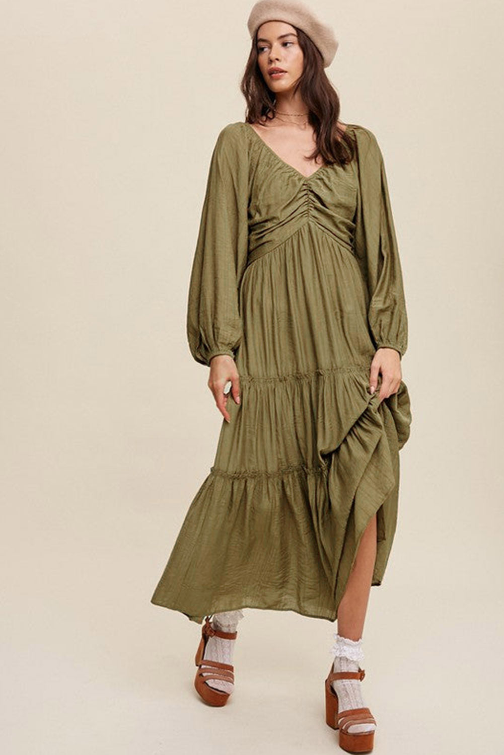 Brown V Neck Bowknot Cutout Frill Tiered Maxi Dress