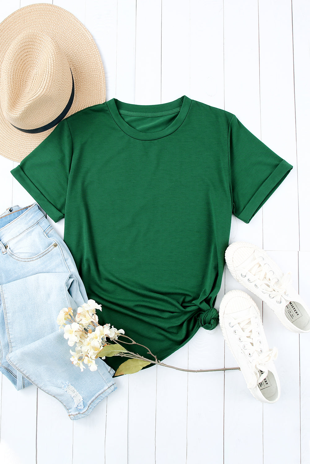 Khaki Solid Color Crew Neck Tee