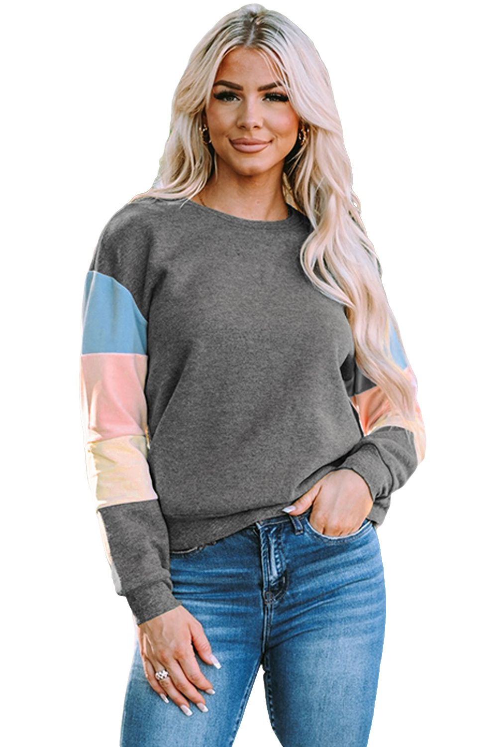 Dark Blue Color Block Casual Drop Sleeve Sweatshirt