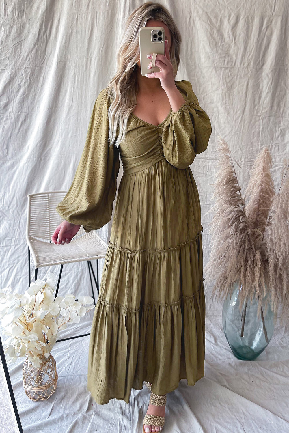 Brown V Neck Bowknot Cutout Frill Tiered Maxi Dress