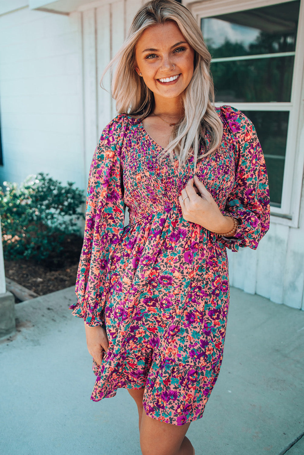 Floral Print Long Sleeve Flounce Hem V Neck Smocked Dress