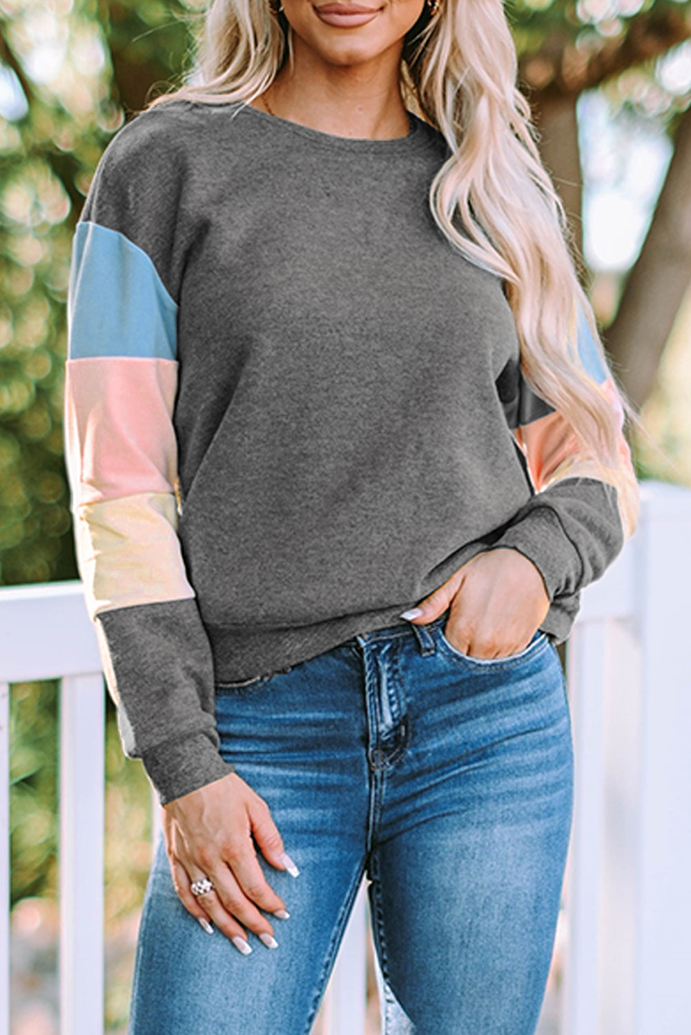 Dark Blue Color Block Casual Drop Sleeve Sweatshirt