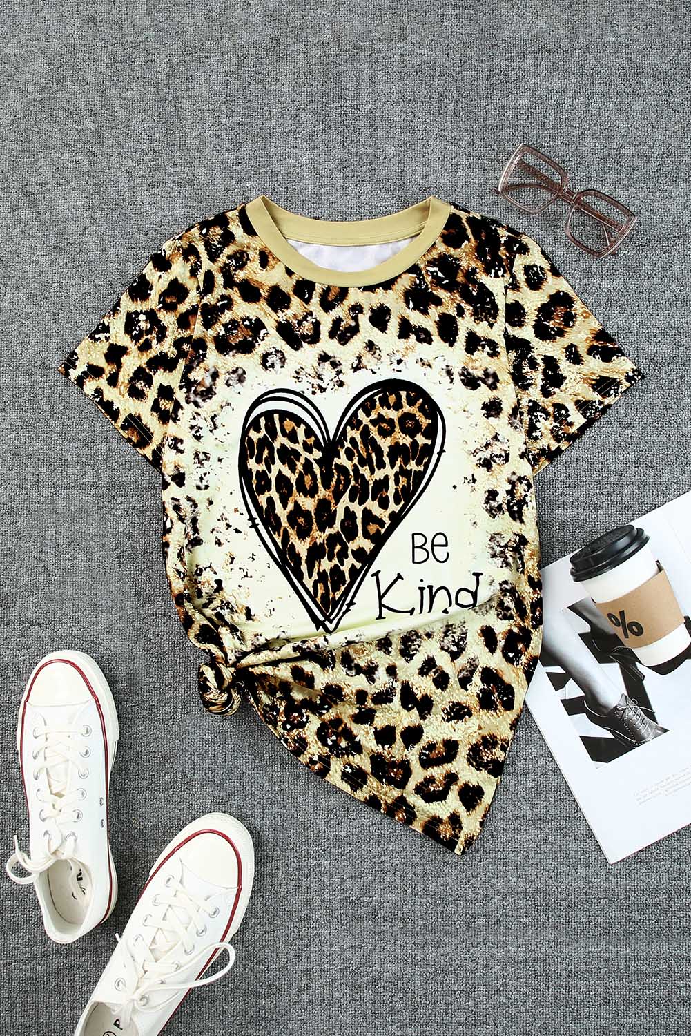 Cheetah Casual Be Kind Heart Print Graphic T Shirt