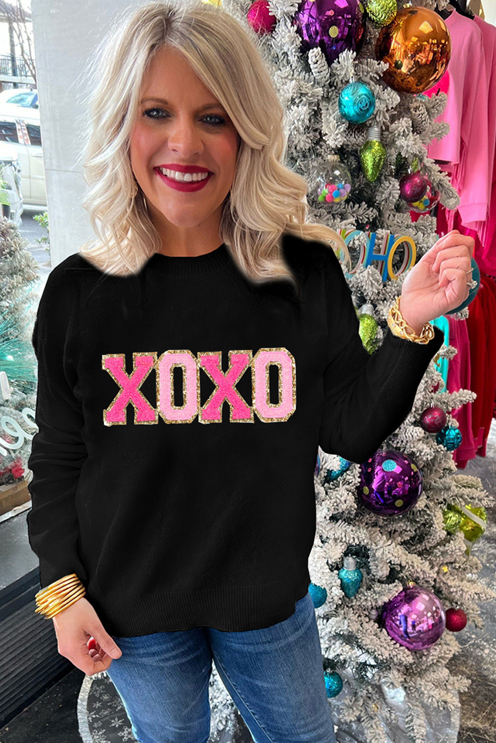 Black XOXO Chenille Letter Round Neck Casual Sweater