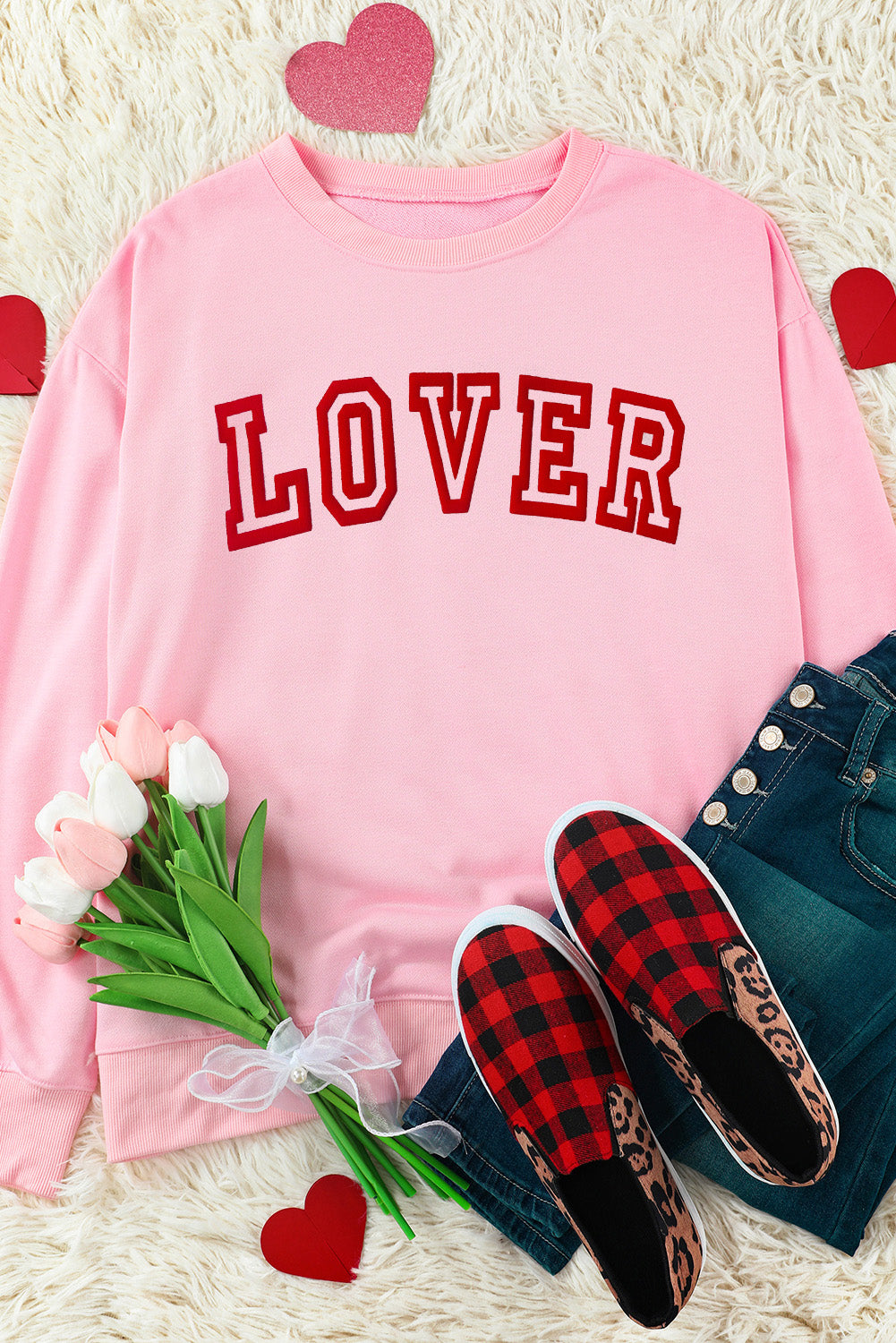 Pink LOVER Letter Graphic Drop Shoulder Pullover Sweatshirt