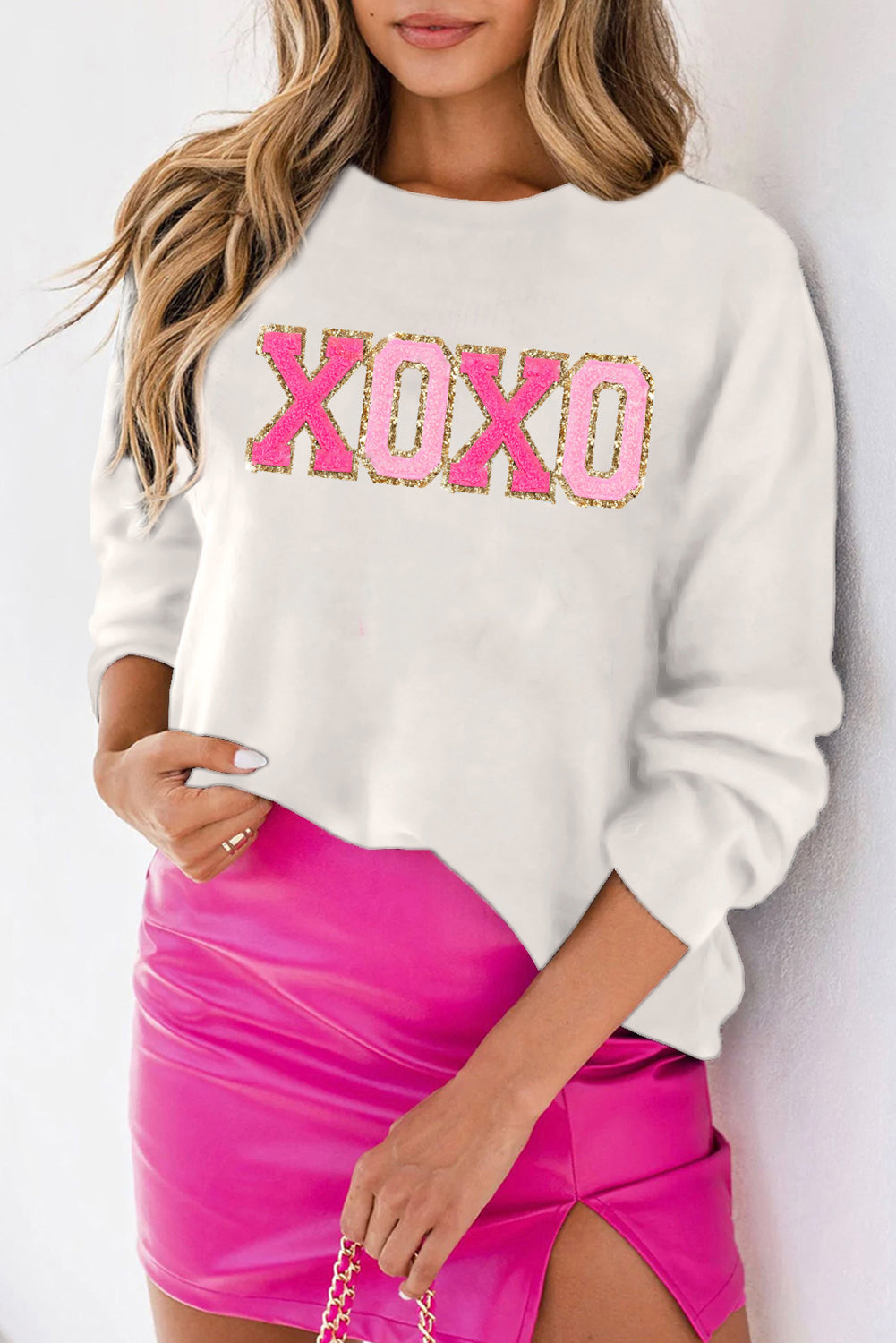 Black XOXO Chenille Letter Round Neck Casual Sweater