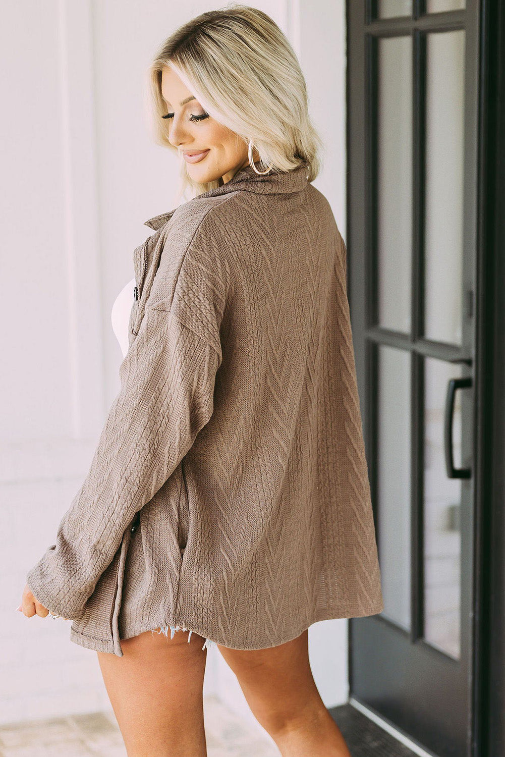 Khaki Casual Textured Button Front Oversized Knit Jacket