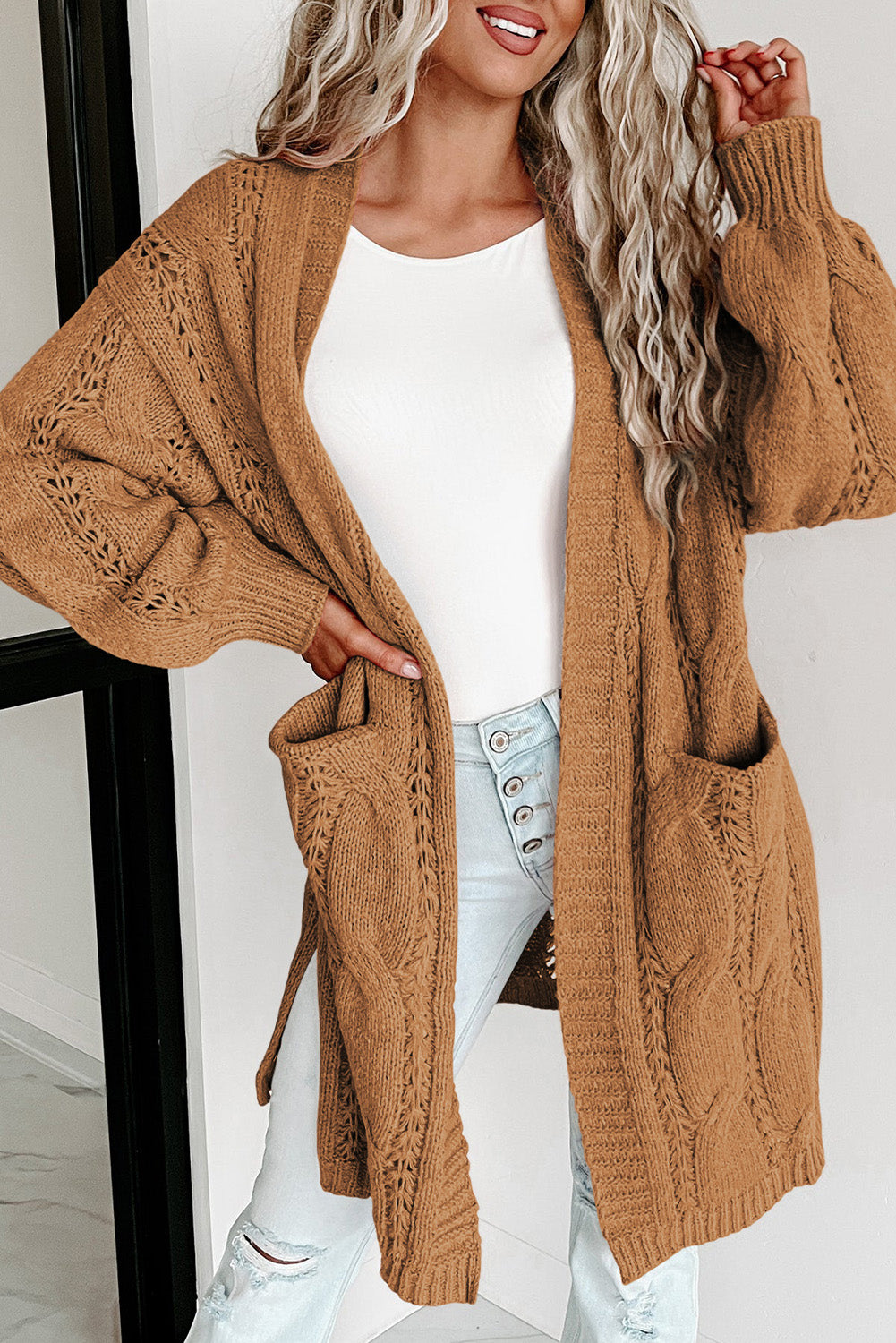 Khaki Ribbed Trim Hollow Knit Side Slits Cardigan