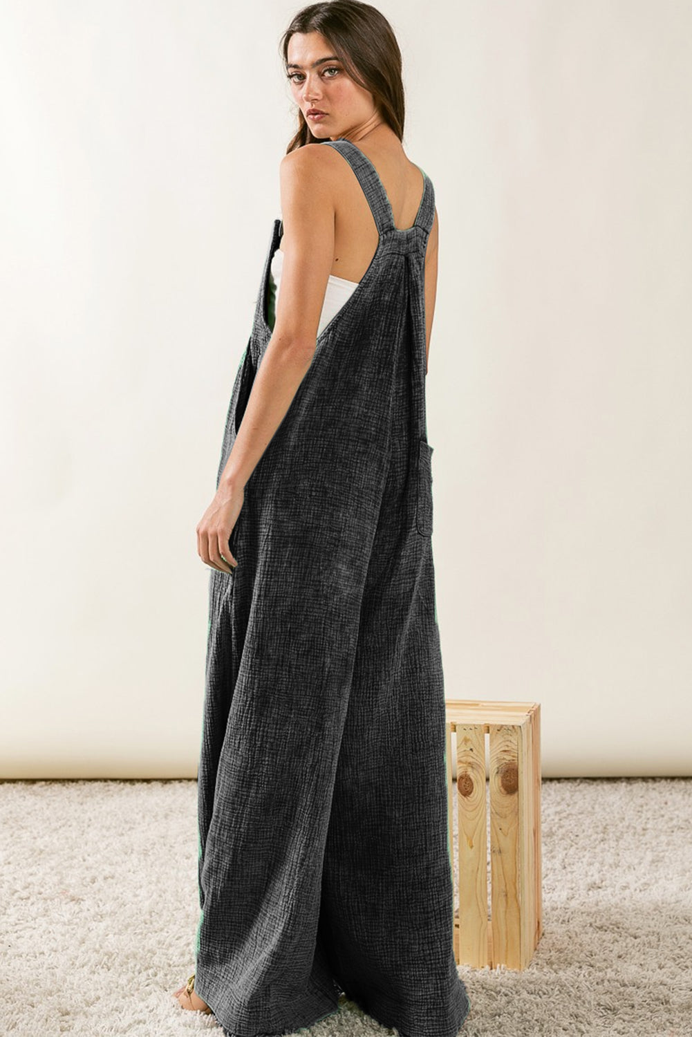 Black Crinkle Loose Fit Wide Leg Jumpsuit