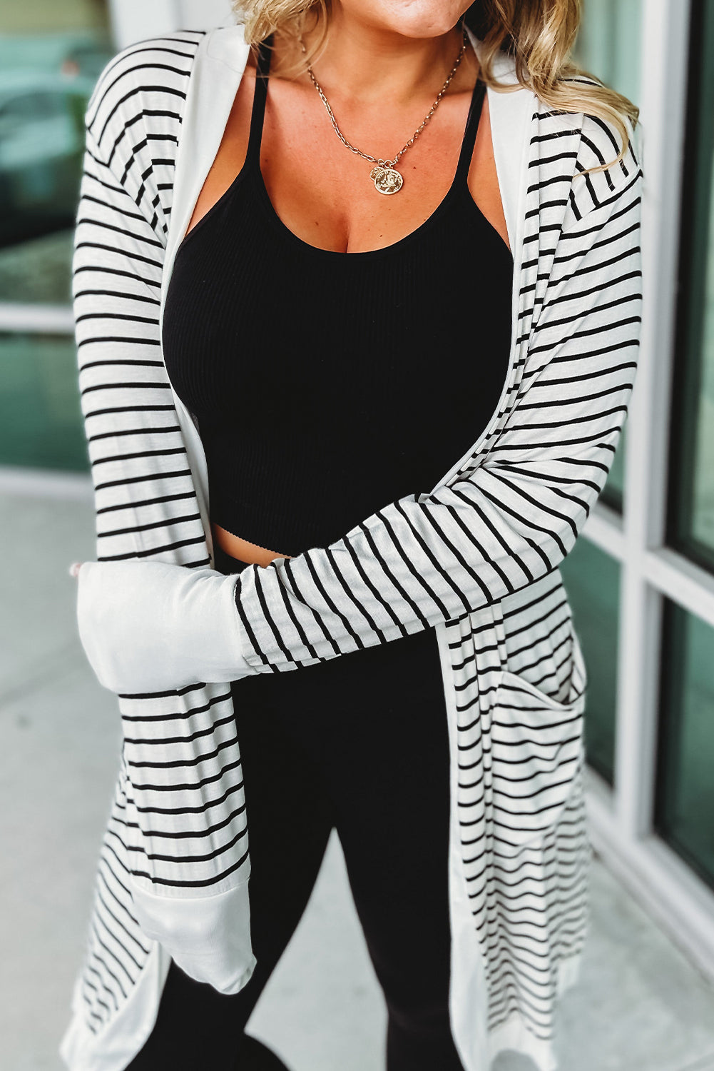 White Striped Side Pockets Open Front Long Cardigan