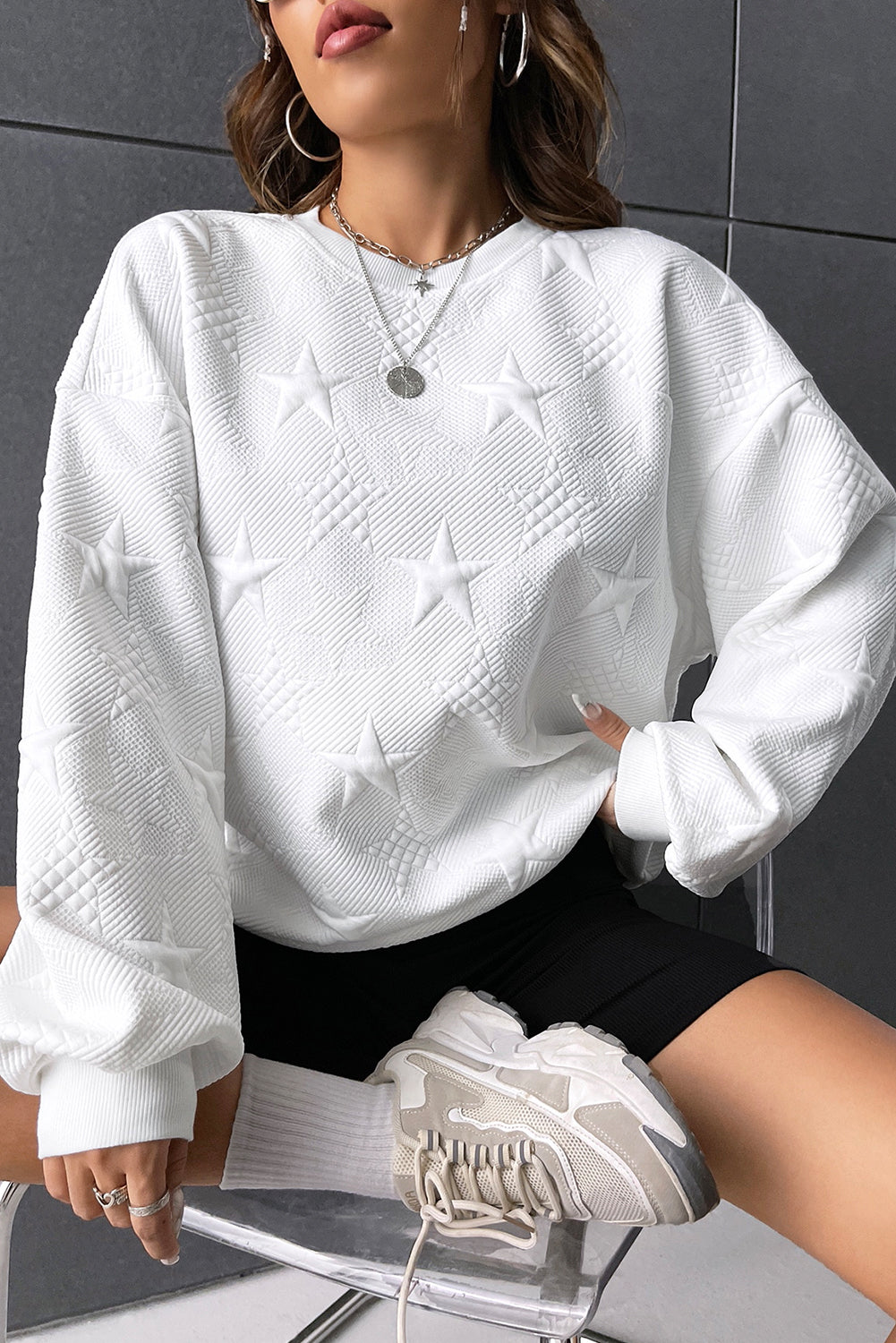 Peach Blossom Star Embossed Textured Drop Shoulder Sweatshirt