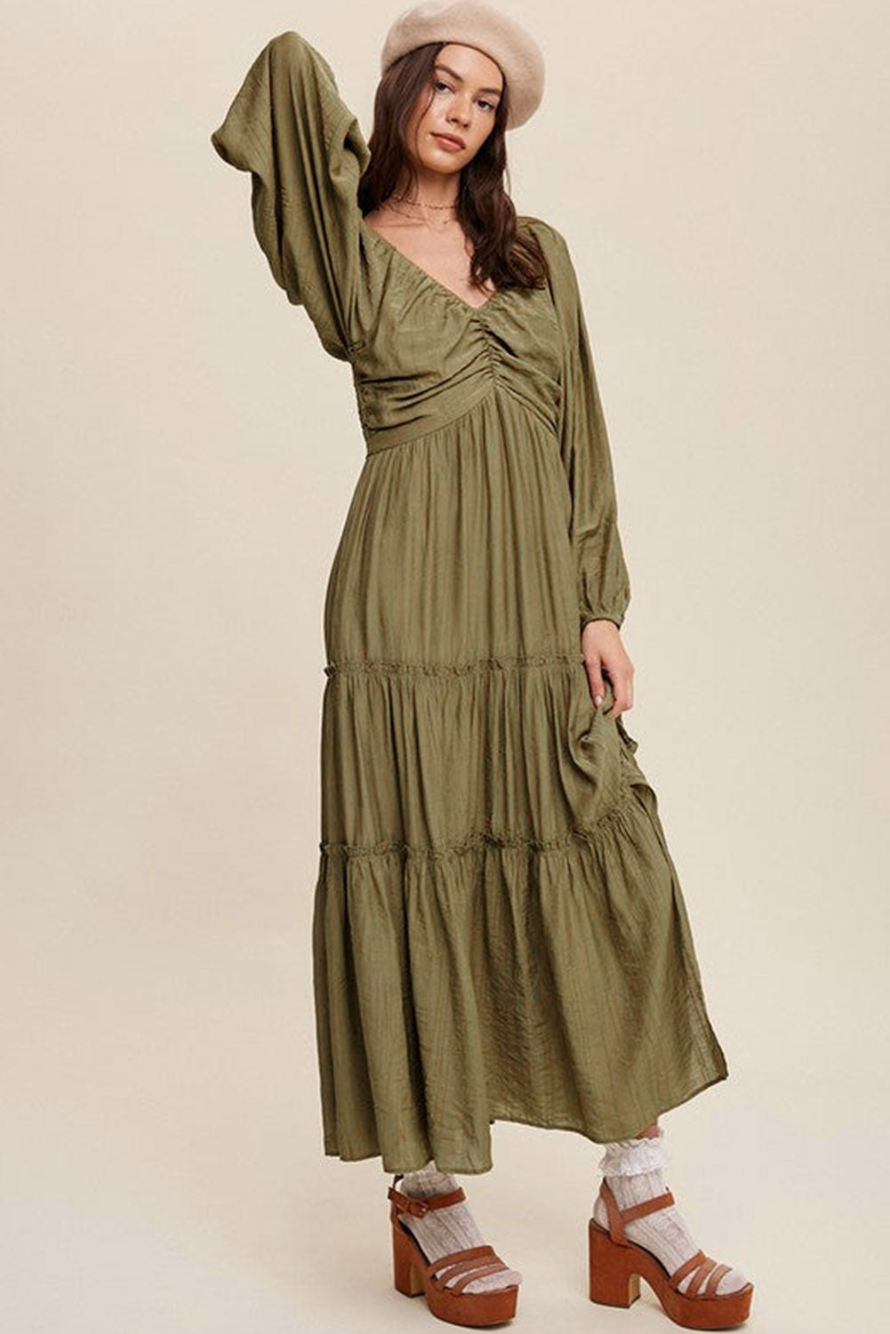 Brown V Neck Bowknot Cutout Frill Tiered Maxi Dress