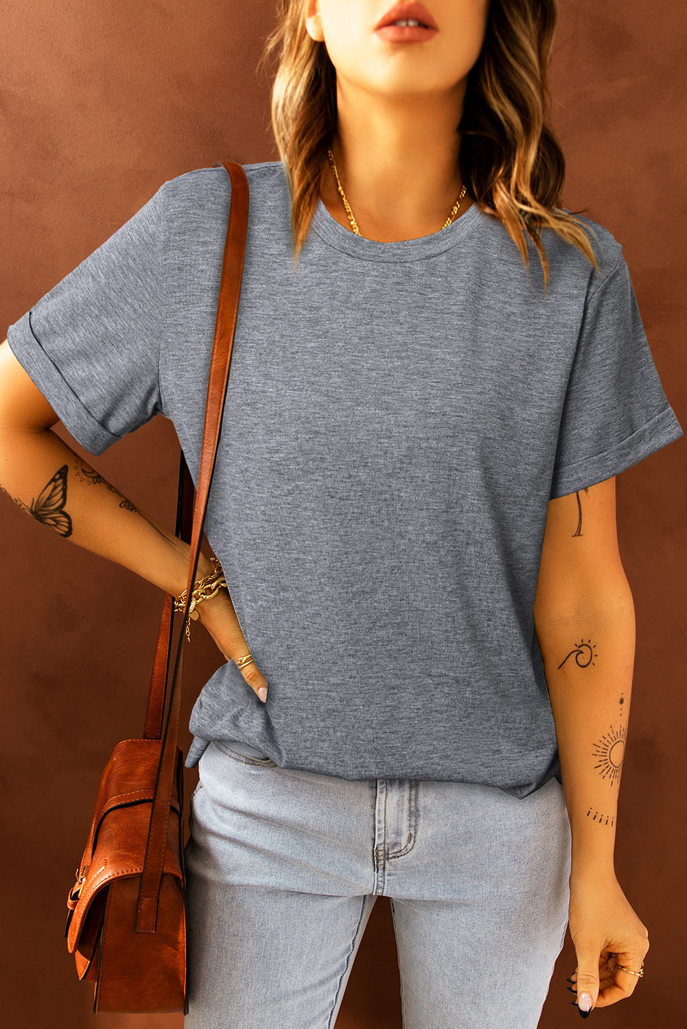 Khaki Solid Color Crew Neck Tee