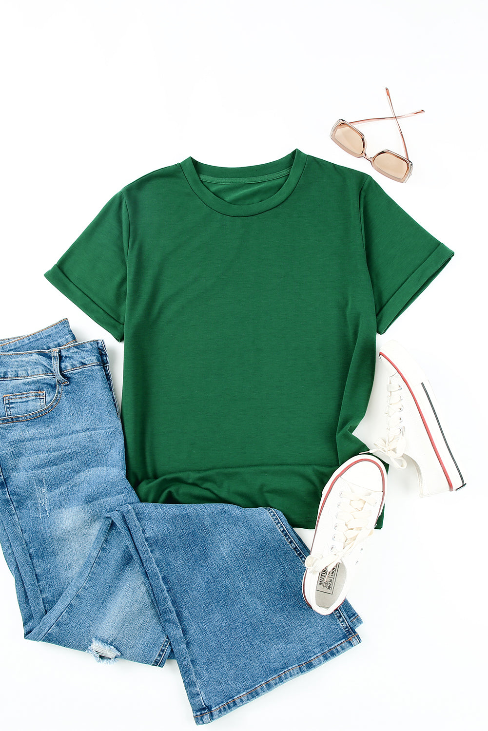 Khaki Solid Color Crew Neck Tee