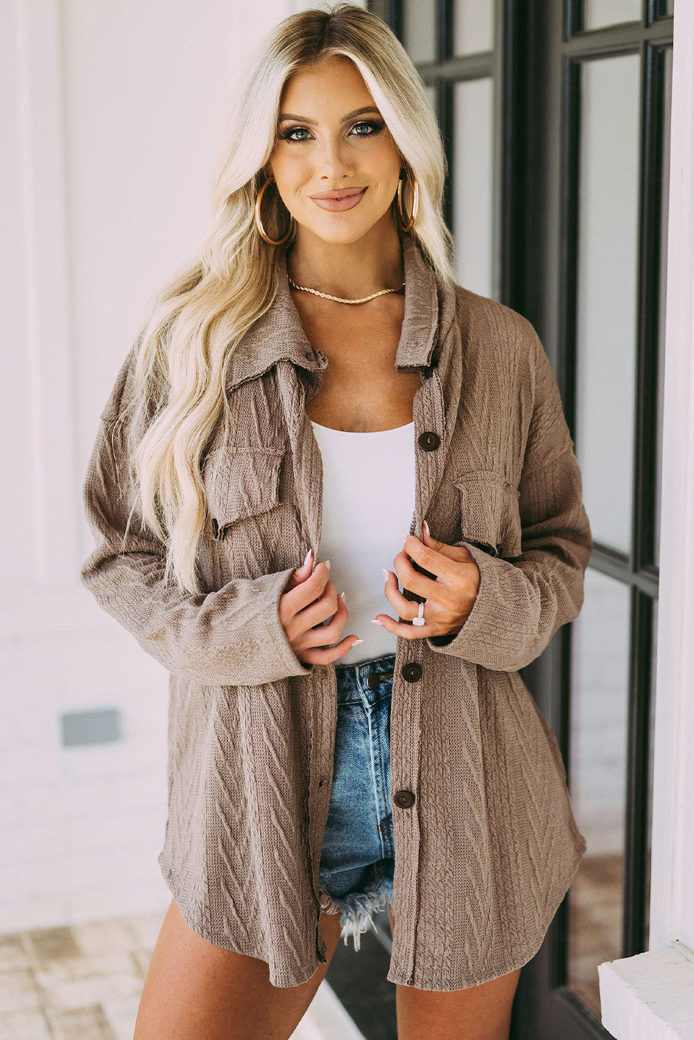 Khaki Casual Textured Button Front Oversized Knit Jacket