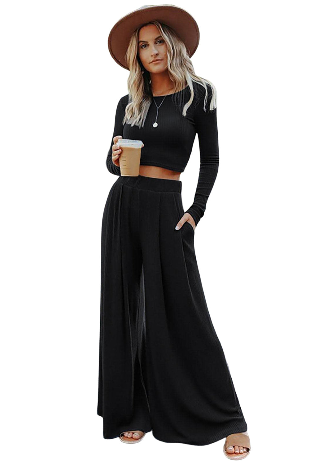 Black Plain Ribbed Crop Top & Wide Leg Pants Two Piece Pants Set