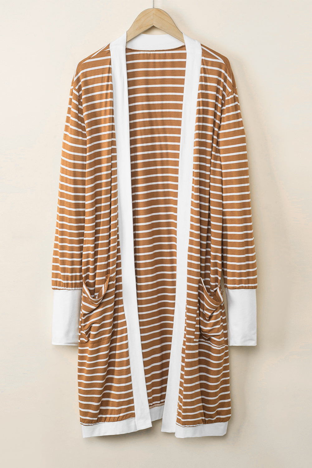 White Striped Side Pockets Open Front Long Cardigan