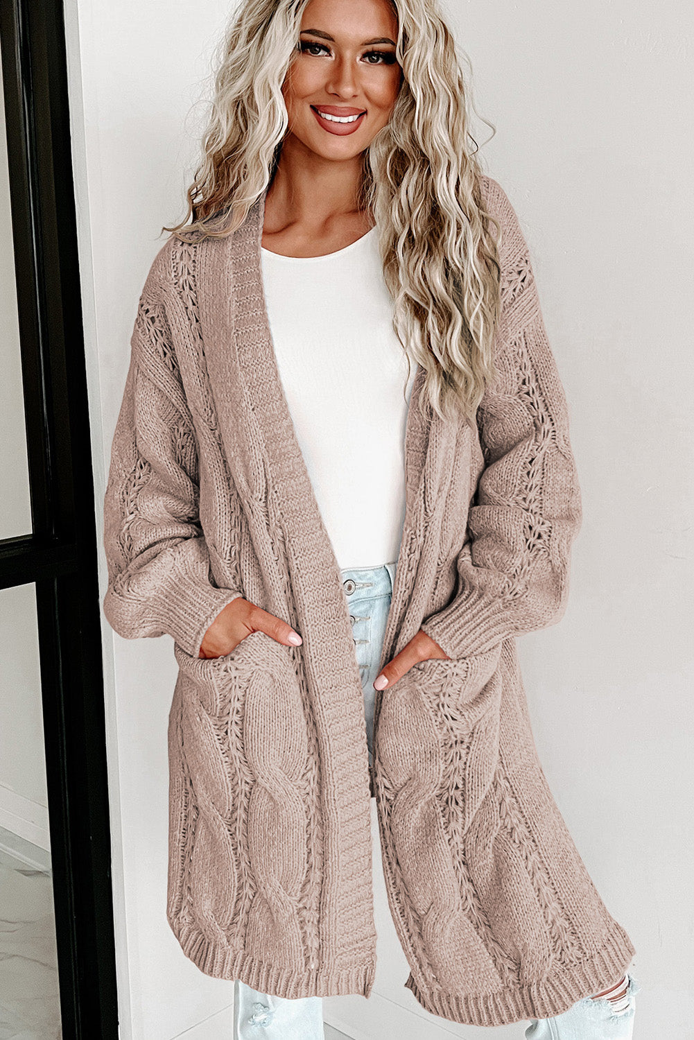 Khaki Ribbed Trim Hollow Knit Side Slits Cardigan