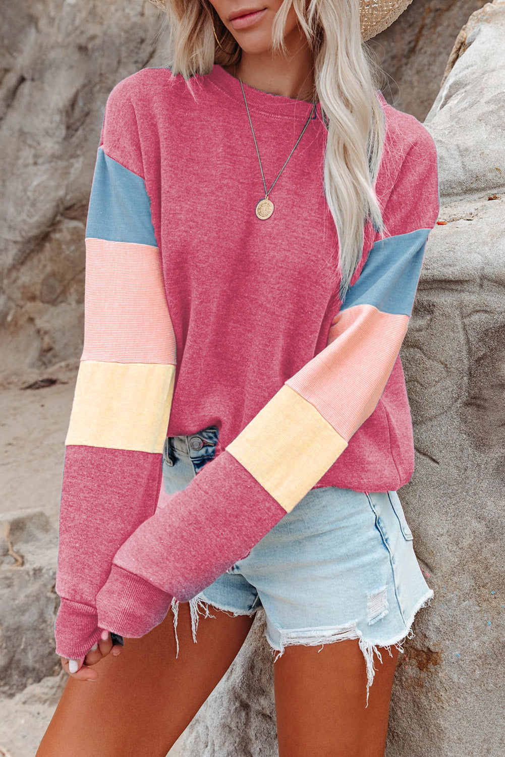 Dark Blue Color Block Casual Drop Sleeve Sweatshirt