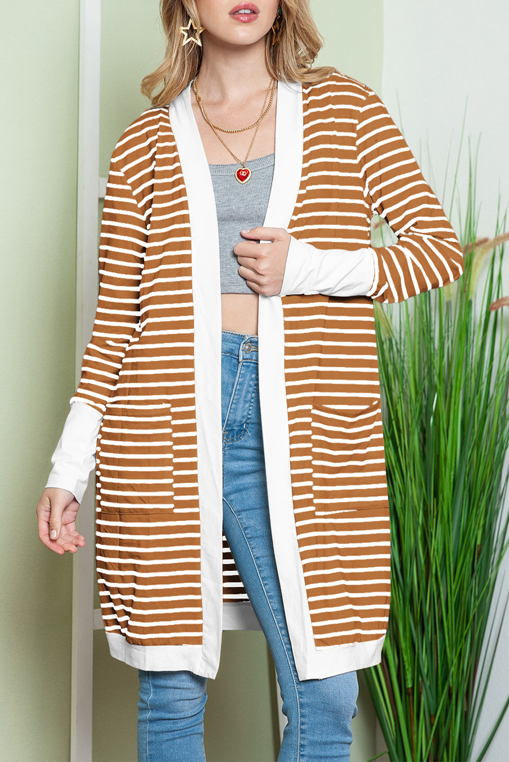 White Striped Side Pockets Open Front Long Cardigan