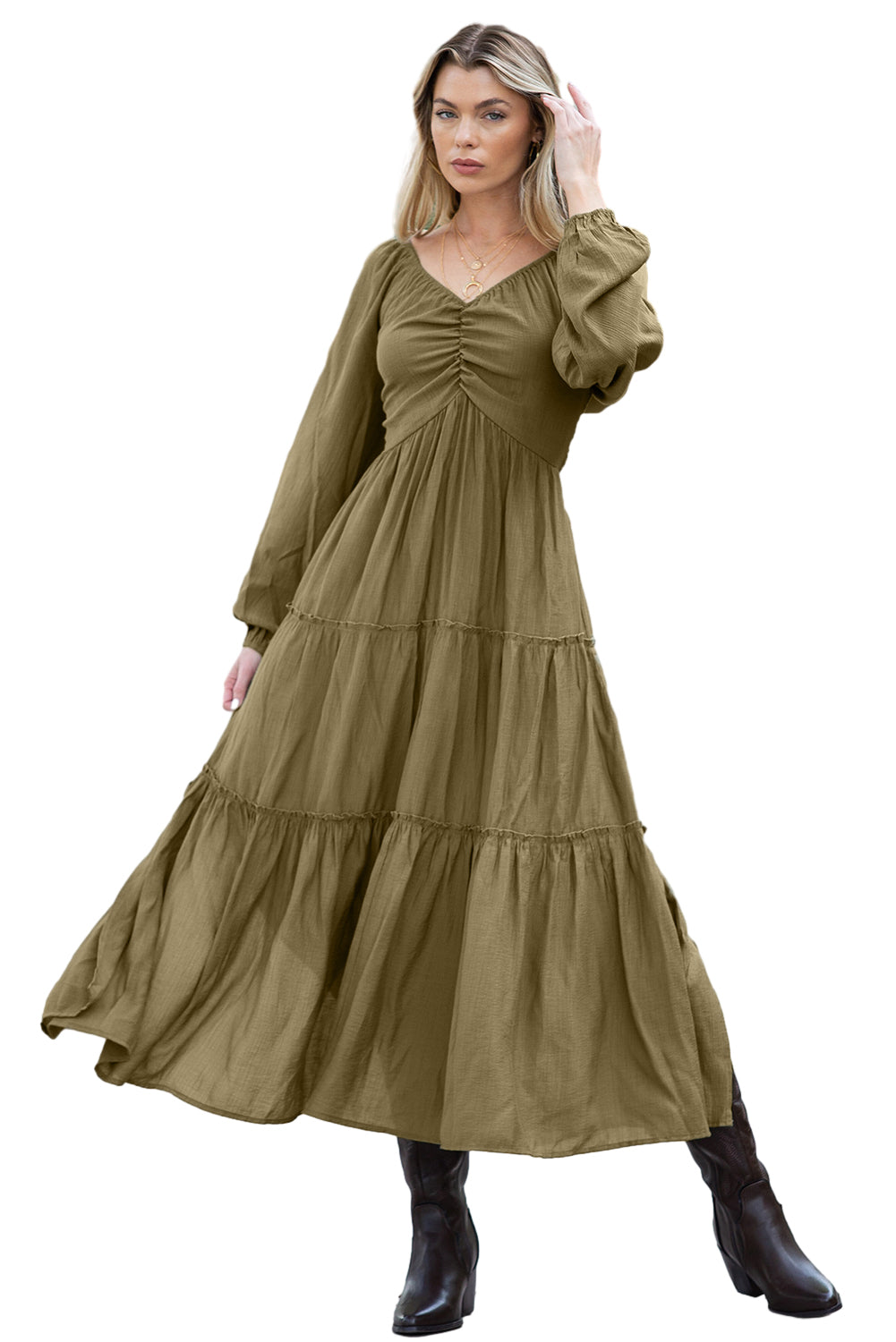 Brown V Neck Bowknot Cutout Frill Tiered Maxi Dress