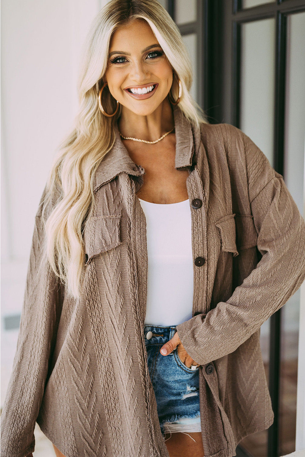 Khaki Casual Textured Button Front Oversized Knit Jacket