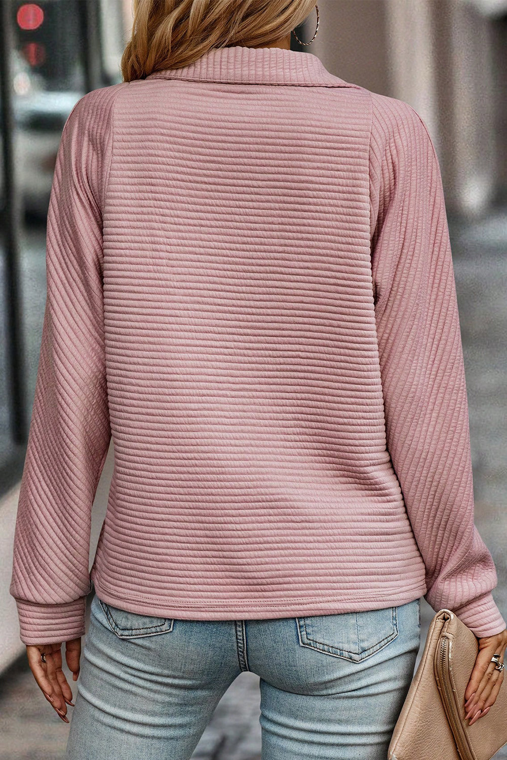 Peach Blossom Ribbed Texture Quarter Zip Sweatshirt